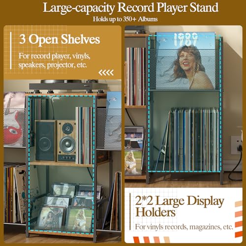 Record Player Stand with Power Outlet & LED Light, Vinyl Storage, Turntable Shelf