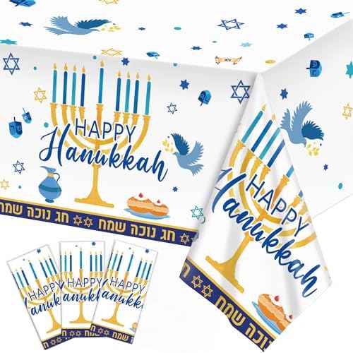 Oigco 3Pcs Hanukkah Tablecloth Hanukkah Theme Table Cloth, Hanukkah Decorations for Happy Hannukah Decorations Table Cover for Plastic Chanukah Jewish Chanukah Party Supplies, 108 x 54 inch