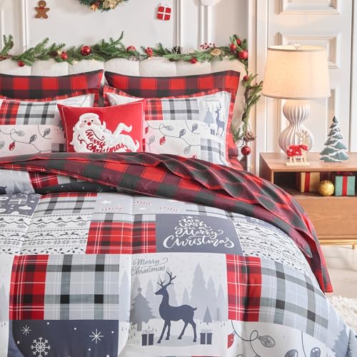 Christmas 7-Piece King Comforter Set with Red Gray Plaid Deer Snowflake - Bed in a Bag
