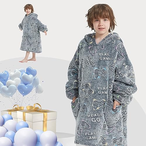 Kids Wearable Blanket Hoodie Oversized Sherpa Sleepwear with Glow in The Dark Game Controller Design - Mewkou 6-13YR Gamer Edition