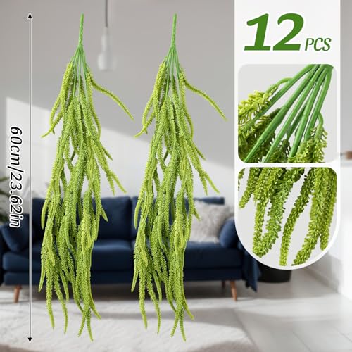 Artificial Amaranthus Flowers - Green, 24 Inch, 12 Pcs for Wedding & Decor - Faux Cascading Plants