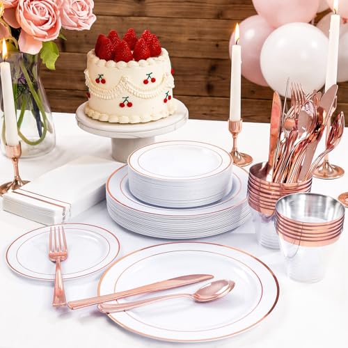 GATHER 50 Guest Rose Gold Disposable Plates & Party Set - White & Rose Gold