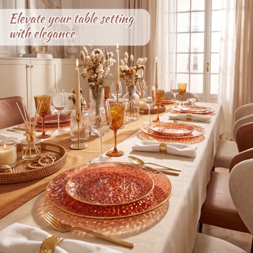 Amber Plastic Plates Set - Clear Gold Rim, Heavy Duty Disposable Party Plates with Hammered Design - Clear Amber Gold Variation