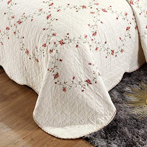 VCTOPS Floral Embroidered Oversize Queen Bedspread & Pillow Shams Set - Cotton, Reversible