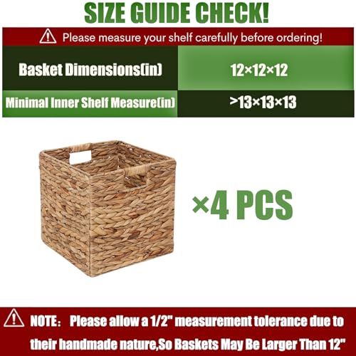 12x12 Inch Water Hyacinth Storage Baskets - 4 Pack Foldable Cubes for Home Organization