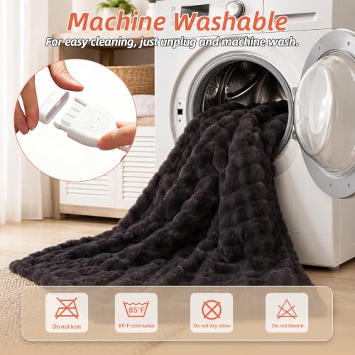 Electric Heated Blanket 50x60 Throw - Dark Grey Bubble Flannel Cozy Warmth