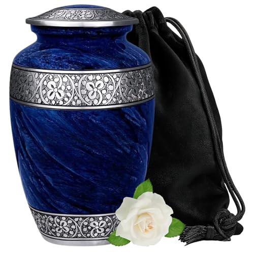 Blue Adult Cremation Urn - Large Memorial Funeral Burial Vase, 200 Cubic Inches