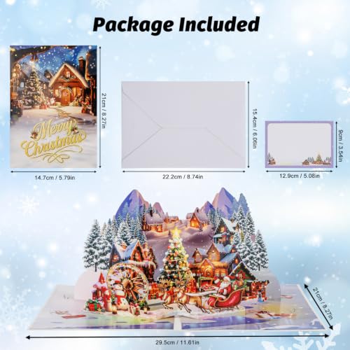 Pop Up Christmas Cards, 3D Snowy Forest Town Cards with Lights and