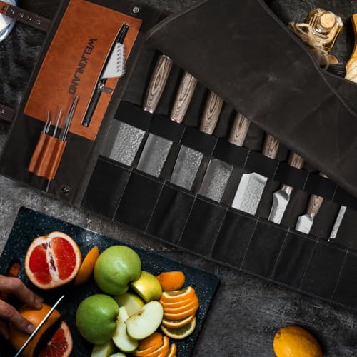 WELKINLAND Heavy-Duty Canvas Leather Knife Roll Bag with 13 Pockets