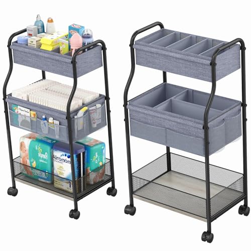 Gray 3-Tier Baby Diaper Caddy Organizer with Rollers & Dividers - Large Nursery Storage