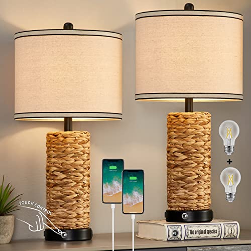 GyroVu Rattan Bedside Table Lamps Set of 2 - Black, Dimmable with USB Ports