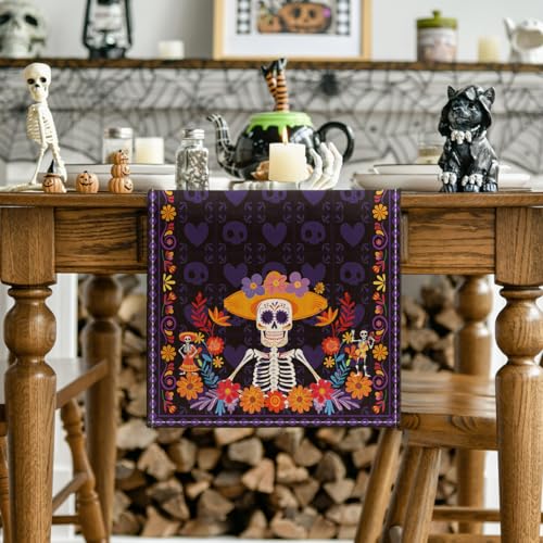 Artoid Mode Daisy Guitar Skull Day of The Dead Table Runner, Dia De Los Muertos Mexican Kitchen Dining Table Decoration for Home Party Decor 13x72 Inch