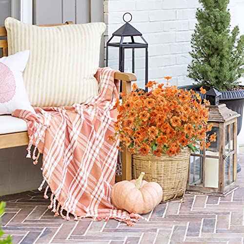 Agusbagli 10Pcs Artificial Fall Flowers Outdoor Autumn Fake Flowers UV Resistant Faux Plastic Greenery Shrub Plant for Wedding Home Garden Window Box Fireplace Thanksgiving Christmas Decor Orange