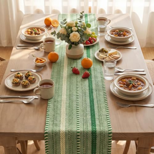 Emerald Farmhouse Stripe Braided Table Runner 12x72in - Artoid Mode