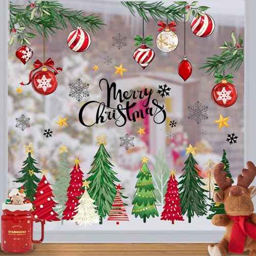Mfault Merry Christmas Tree Window Clings, Xmas Balls Snowflakes Stars Stickers Decals Decorations, Winter Holiday Pine Branches Home Kitchen Decor