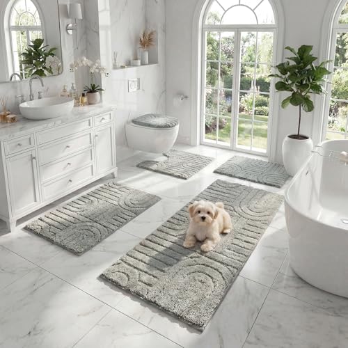 Bathroom Rugs Set 5 Pieces - Microfiber Non-Slip Shower Mat & Contour Toilet Rug, Grey, 18x26/20x32/20x48/U20x24/Cover19x21