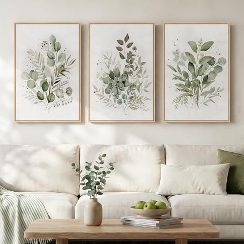 Sage Green Botanical Wall Art Set - Framed Canvas, 3 Pieces, 16x24 Inches, Modern Home Decor