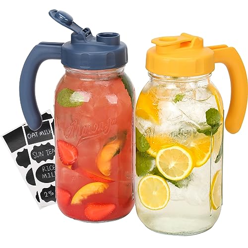 Glass Mason Jar Pitchers with Lids - 2 Quart Set in Navy & Yellow, Leak-Proof Drink Containers