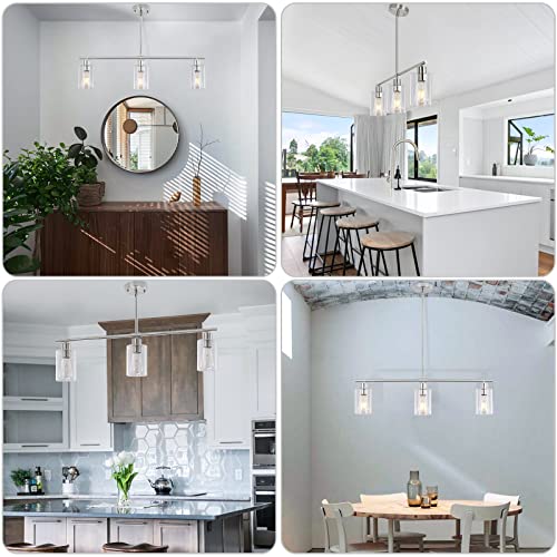 Brushed Nickel 3-Light Kitchen Island Pendant Light with Glass Shades - Adjustable Modern Linear Chandelier