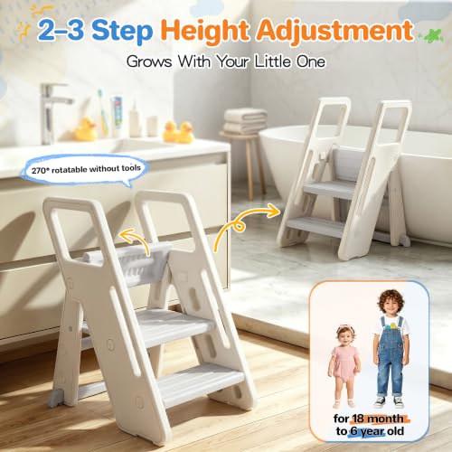 Foldable Toddler Step Stool with Handles - Adjustable 3-in-1 Kids Stool for Bathroom Kitchen and Bedroom