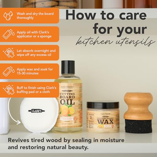 Clark’s Cutting Board Oil & Wax Kit with Natural Lemon & Orange Extracts - Food-Grade Mineral Oil (12oz), Wax (6oz), Applicator & Buffing Pad - Protect & Condition Wood Surfaces