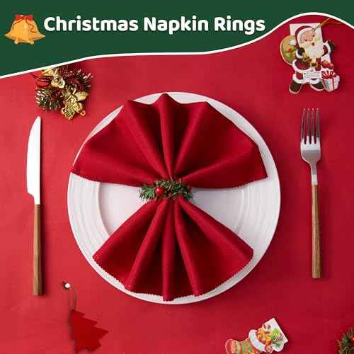 APTWOW Christmas Napkin Rings Set of 12 - Red Berry Wreath Napkin Holder, Holiday Christmas Napkin Rings for Table Decorations, Dinner Party, and Winter Weddings