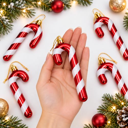 12Pcs Red & White Candy Cane Christmas Ornaments with Glitter – 12.5 cm