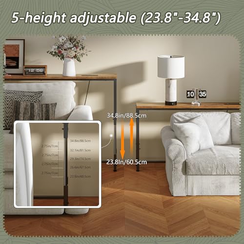 Rustic Brown 110.2" Adjustable Behind Couch Console Table with 2 Charging Stations