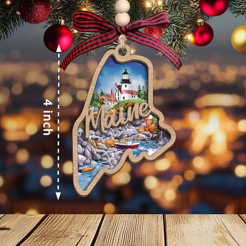 Maine State Wooden Christmas Ornament - Laser-Cut Rustic Holiday Decor & Keepsake