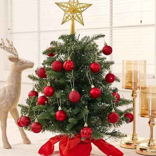 JOIEDOMI 24 Pcs Red Christmas Balls Ornaments Set, 1.6" Small Shatterproof Christmas Tree Ornaments, Xmas Hanging Balls Decorations for Tree Wreath Garland Holiday Wedding Party Indoor Decor