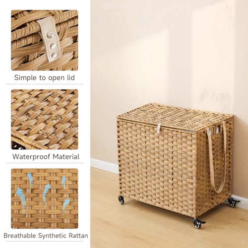 Laundry Hamper with Wheels 34.3 Gallon Natural Rattan 2 Color Liners 3 Mesh Bags