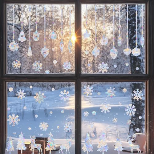 Christmas Window Clings Snowflake Bell Static Cling Xmas Deer Pine Tree Window Decals Winter Snow Prismatic Vinyl Stickers Anti-Collision Window Stickers for Bird Strikes Suncatcher Stickers