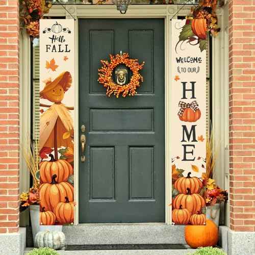 Thanksgiving Decorations Thanksgiving Banner,Fall Pumpkin Maple Leaves Give Thanks Front Door Decor,Autumn Porch Sign Board Hanging Friendsgiving Harvest Farmhouse Outdoor Supplies for Home Office -12 x 71inches