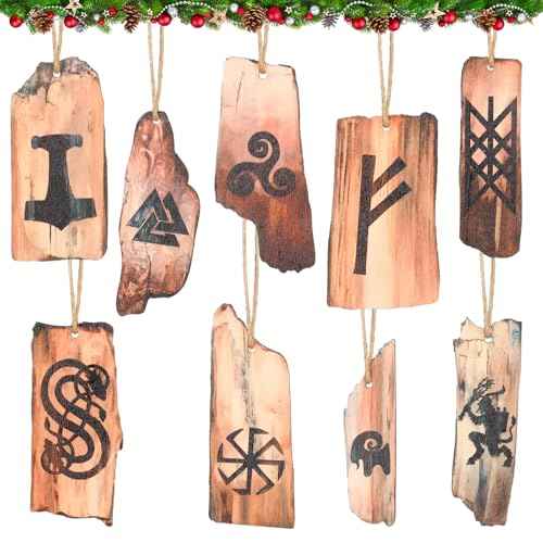 9 Pcs Viking Rune Yule Ornaments Pagan Wooden Christmas Tree Hanging Decorations Natural Wood Retro Ornaments for Xmas Party Decor