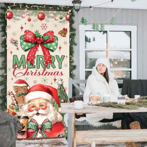 Christmas Door Cover,Santa Claus and Bow Door Cover Red Gingerbread Man Christmas Decorations,Merry Xmas Porch Banner Background,Hanging Banner for Xmas Holiday Eve New Years Party