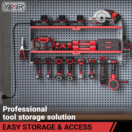 Power Tool Organizer with Charging Station Wall Mount - Surge Protected Rack, Red Variation of with Power Strip