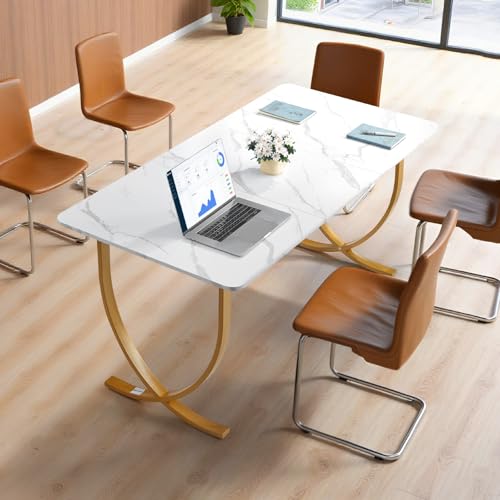 White and Gold Executive Desk 63-Inch Large Office Table for Home & Business