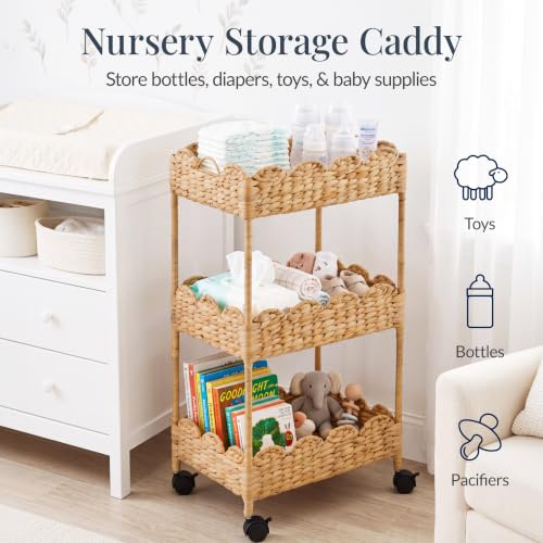 Natural 3-Tier Scalloped Nursery Caddy with Wheels - Handwoven Water Hyacinth Storage Cart