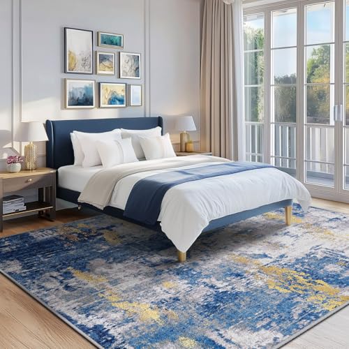 Washable Abstract Area Rug 8x10 ft for Living Room - Blue & Gold, Non-Slip