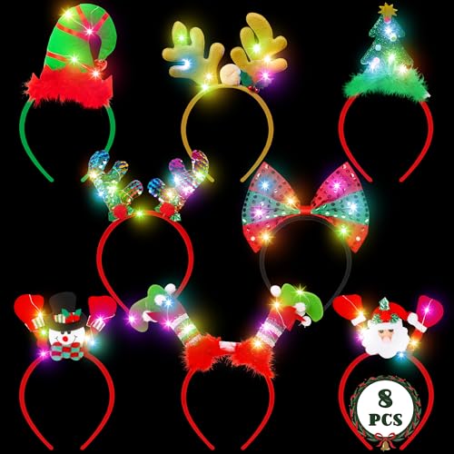 8 Pcs Light Up Christmas Headbands with LED Lights for Holiday Parties