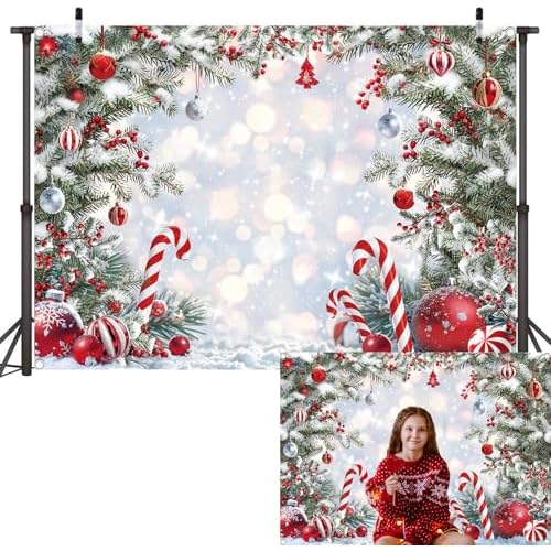 Christmas Candy Cane Backdrop Xmas Tree Winter Snow Scene Photography Background Merry Christmas Holiday Party Decorations Banner Booth Props (7x5FT(82x59 inch))