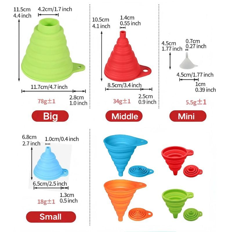 Skiennix Kitchen Funnel Set - 3 Pack Foldable Silicone Funnels for Easy Liquid Transfer | Food Grade