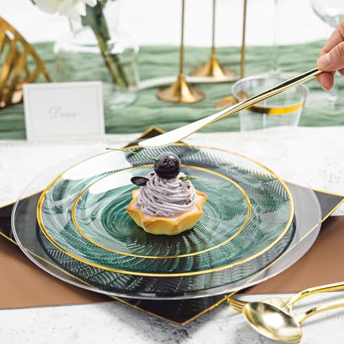 N9R 180PCS Green Plastic Plates Gold Rim, Disposable Party Dinnerware