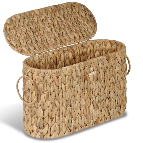 Water Hyacinth Toilet Paper Storage Basket with Lid - Slim Organizer Holds 9 Mega Rolls - Natural