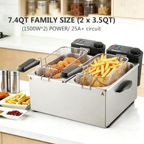 7.4QT Double Deep Fryer with 2 Baskets, 3000W Oil Filtration System