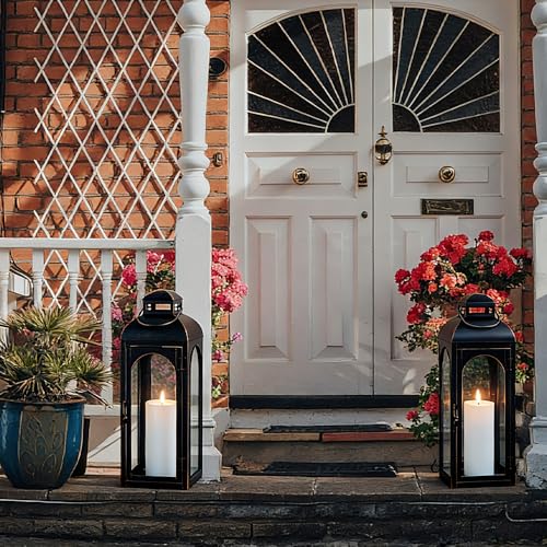 NEEDOMO 22-Inch Set of 2 Bronze Metal Lanterns with Tempered Glass Panels - Indoor & Outdoor Decorative Hurricane Lights
