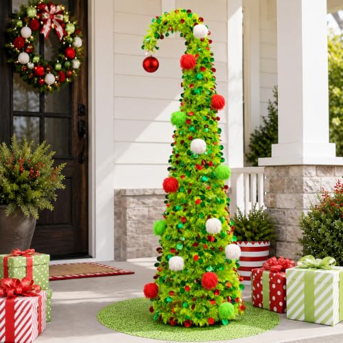 PUETUNG 6FT Green Whimsical Curved Pop-Up Christmas Tree with Lights & Ornaments