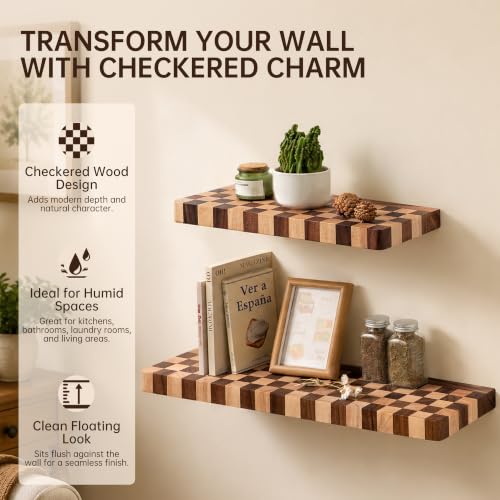 Fyctio 16 Inch Solid Wood Checkered Floating Wall Shelves Set of 2 – Rustic Modern Farmhouse Decor