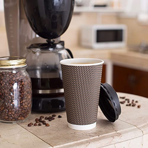 Brown Disposable Coffee Cups with Lids 16 oz - Ripple Insulated Paper Cups, 80 Pack