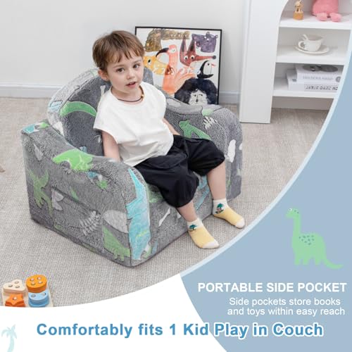 Kids Sofa Chair with Blanket - 2-in-1 Fold Out Couch for Children, Dark Gray